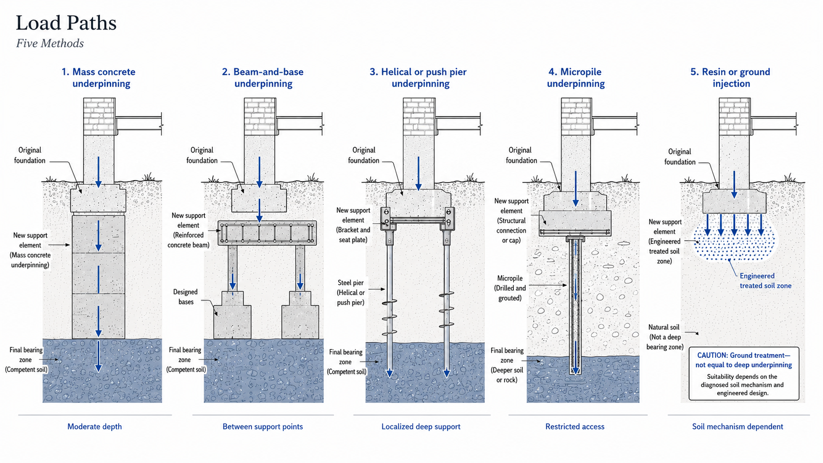 Five underpinning methods showing how foundation loads reach supporting soil.