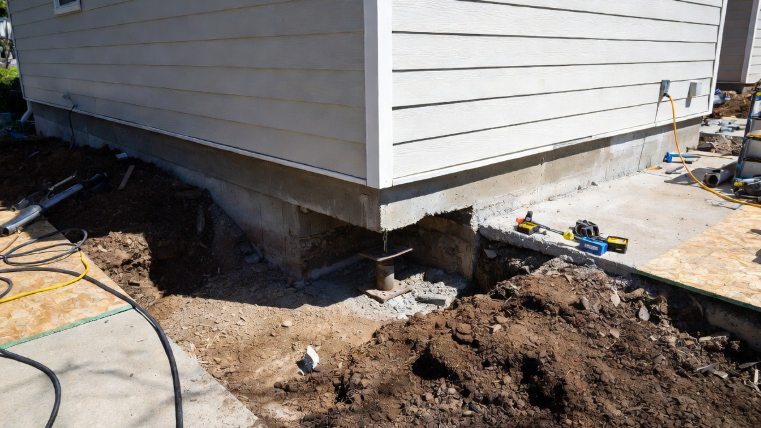 Temporary steel support beneath an excavated residential foundation corner.