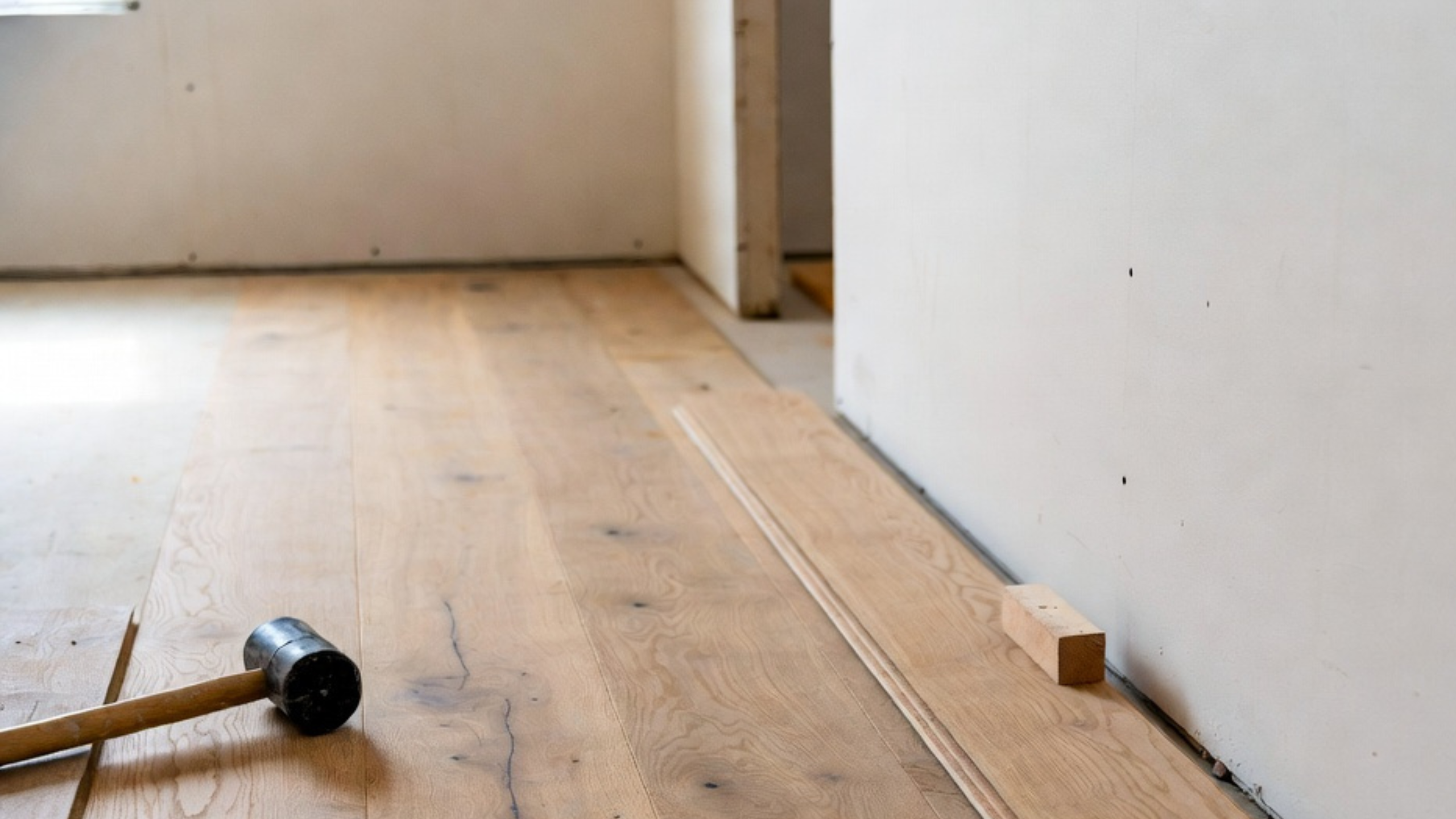 Installing unfinished hardwood flooring along a wall edge.