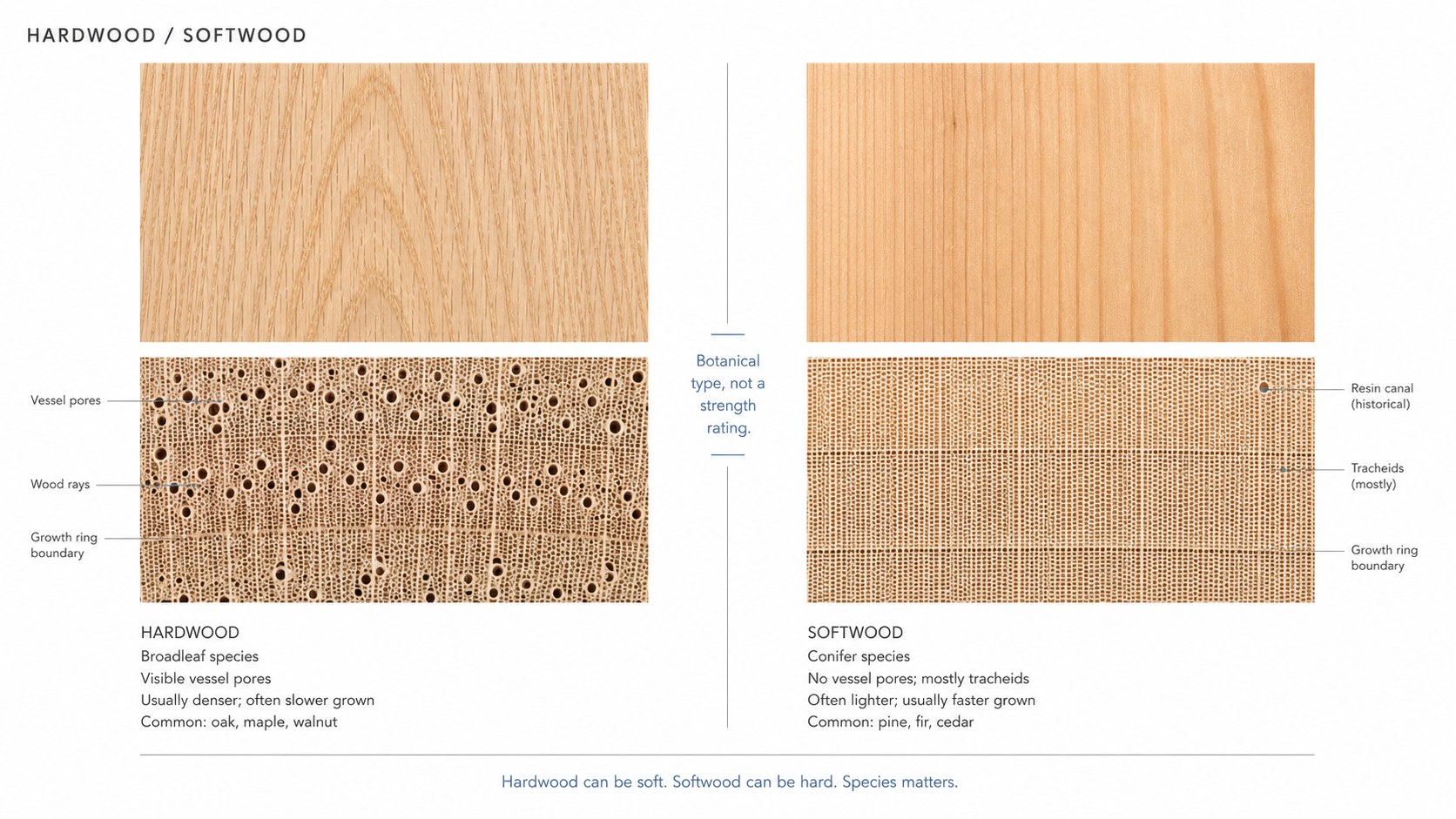 Hardwood and softwood cellular structure with vessel pores and tracheids.