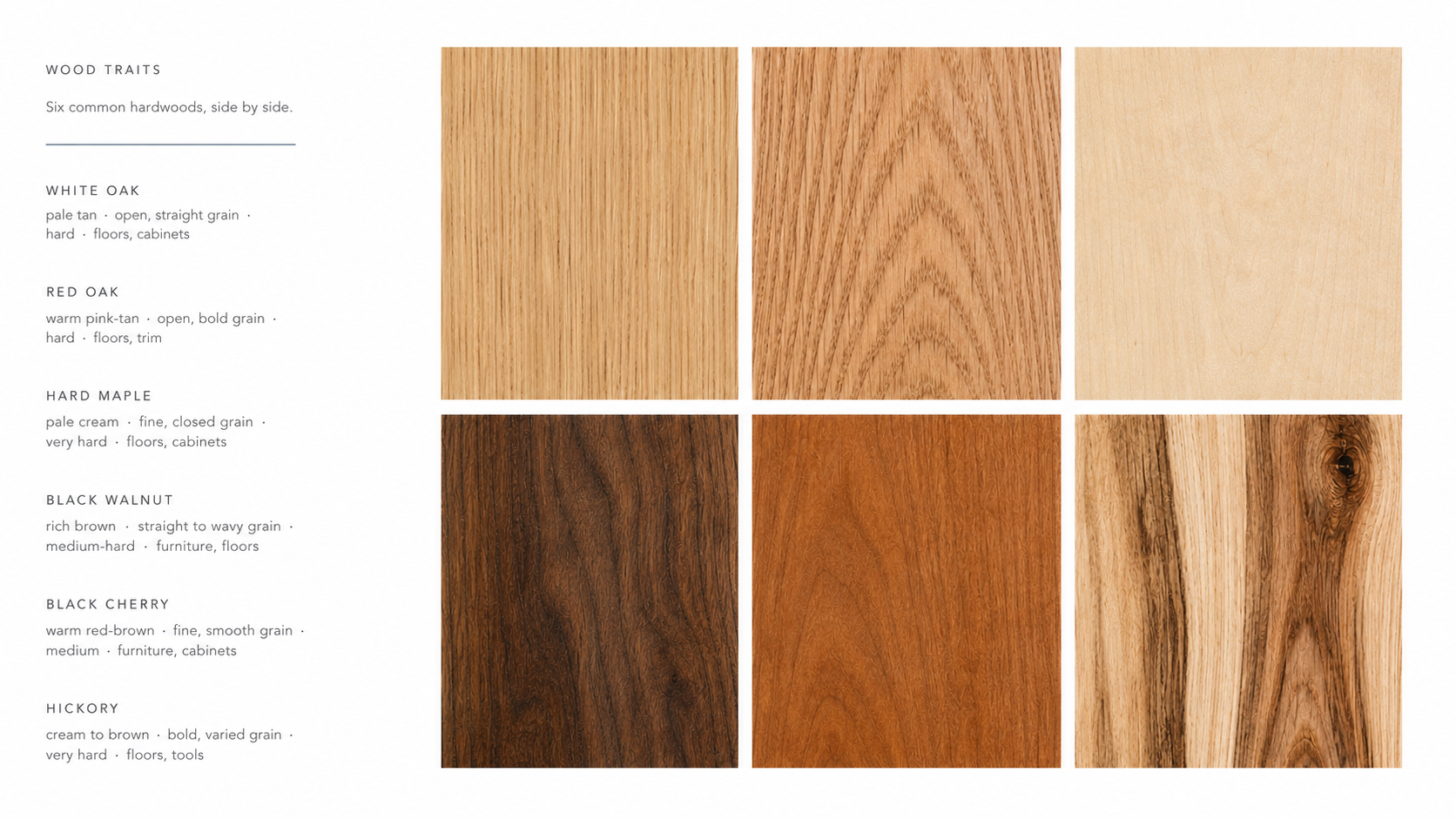 Six hardwood species compared by color, grain, hardness and typical uses.