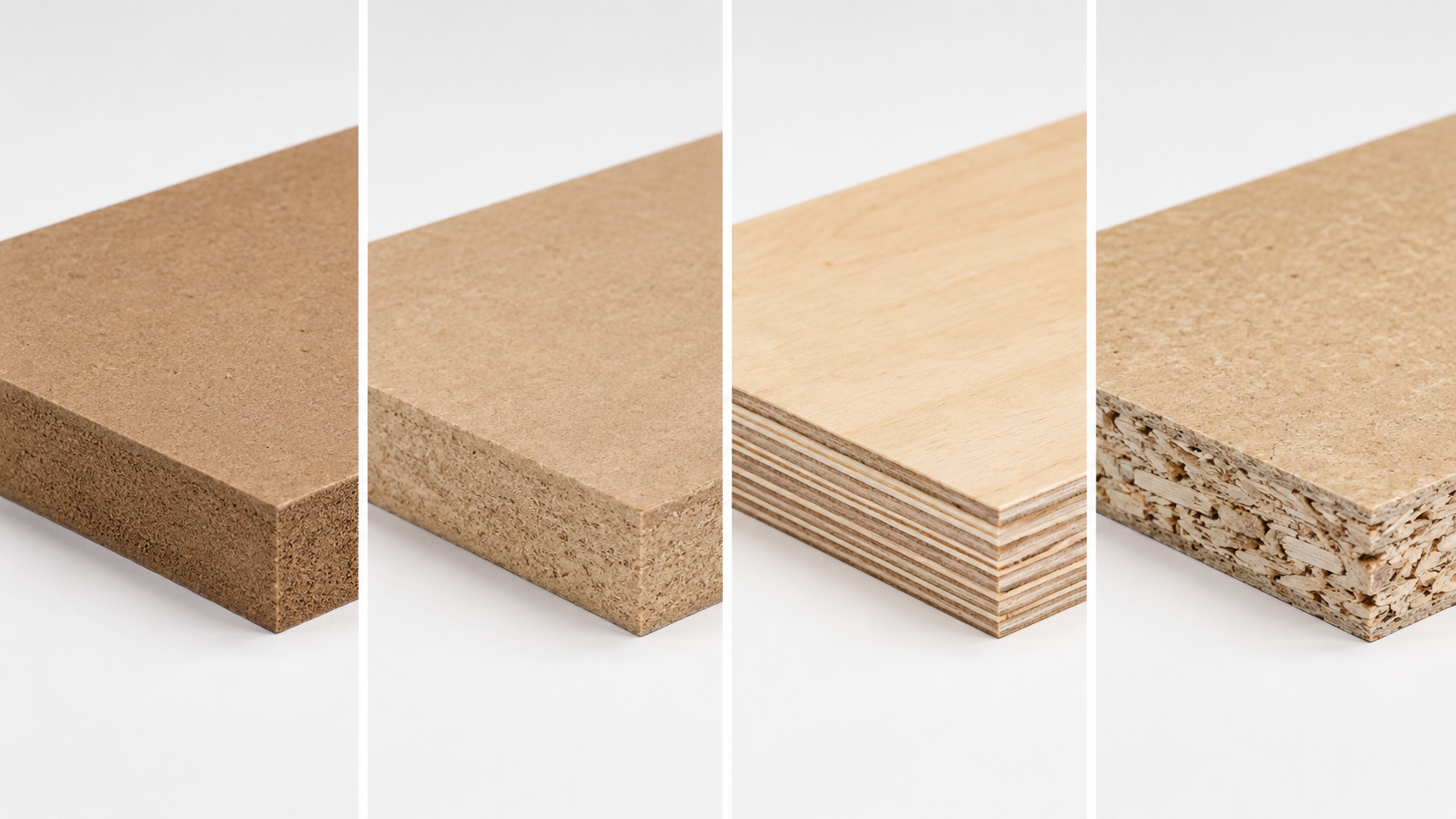 Visual comparison of HDF, MDF, plywood, and particleboard edge structure.