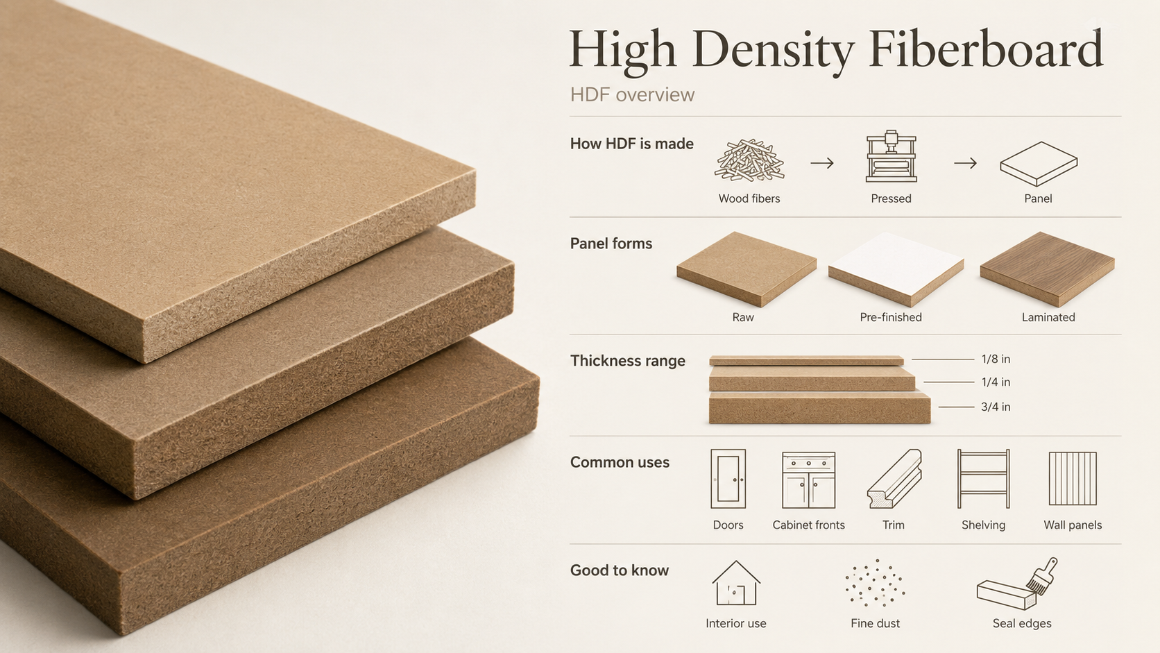 Showing High Density Fiberboard panels, uses, thicknesses, and basic properties.
