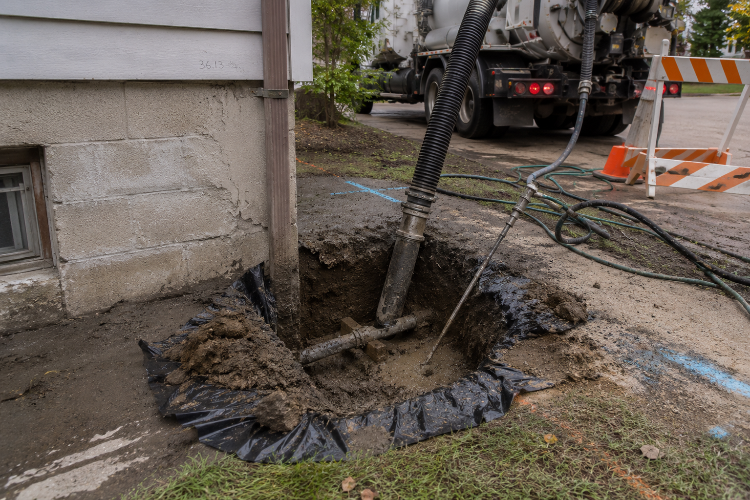 Hydrovac excavation exposing a supported buried utility beside an existing residential foundation.