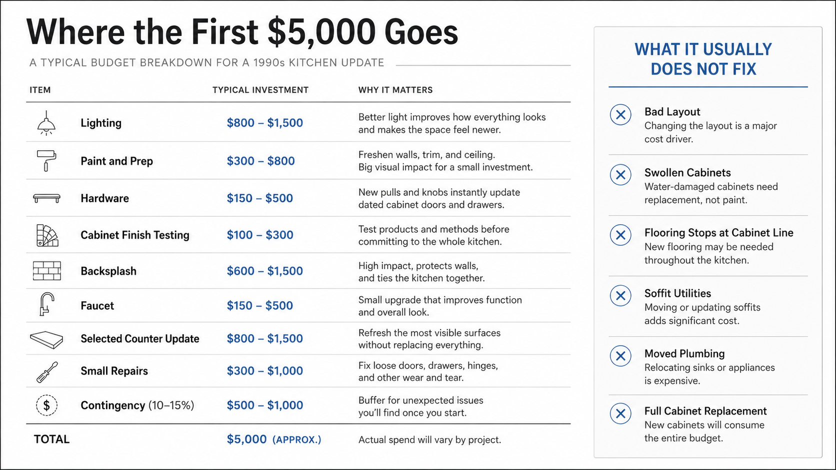 Diagram showing where the first $5,000 goes furthest in a dated 1990s kitchen.