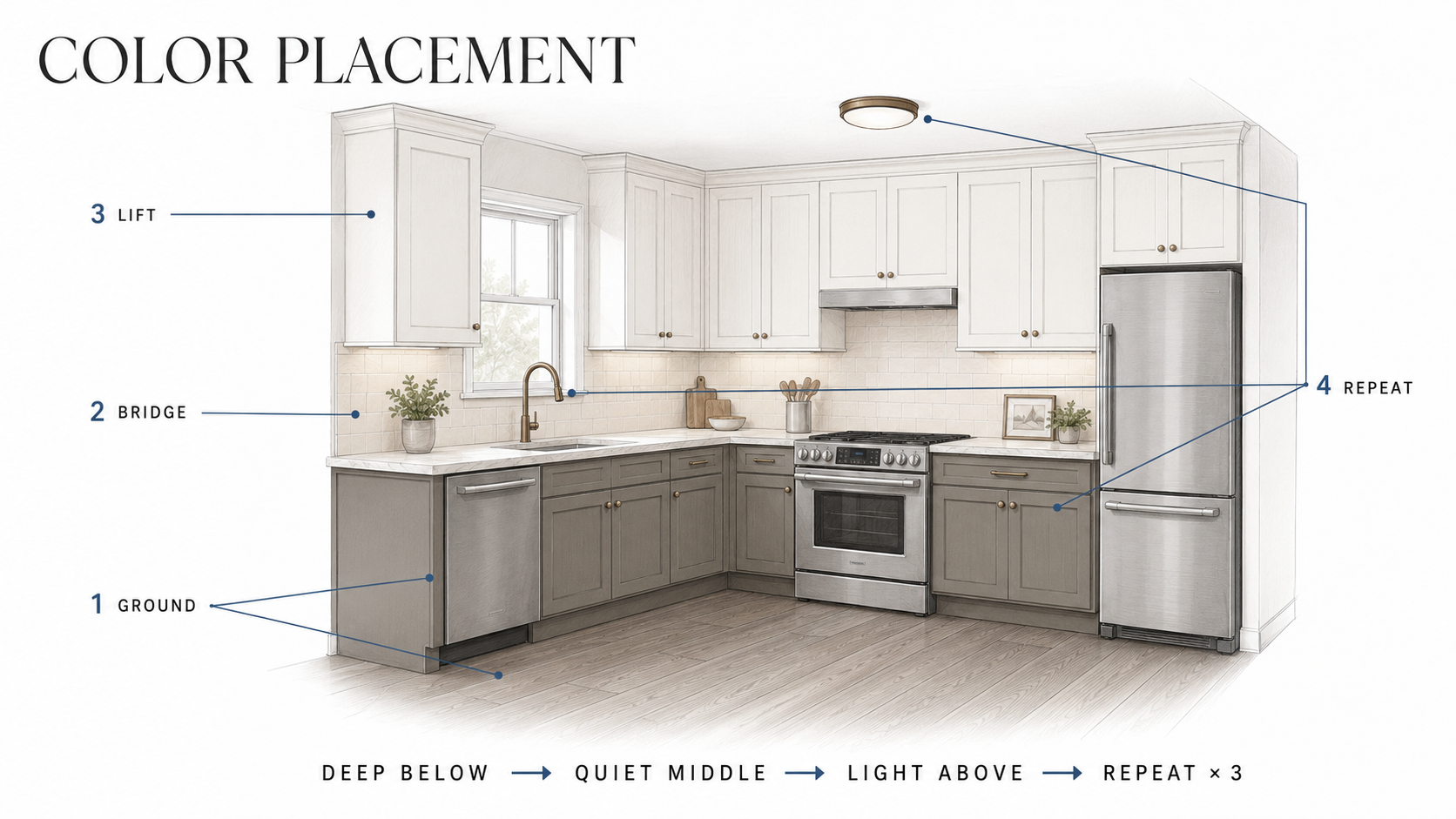 Diagram showing where deep, quiet and light colors work in a kitchen.
