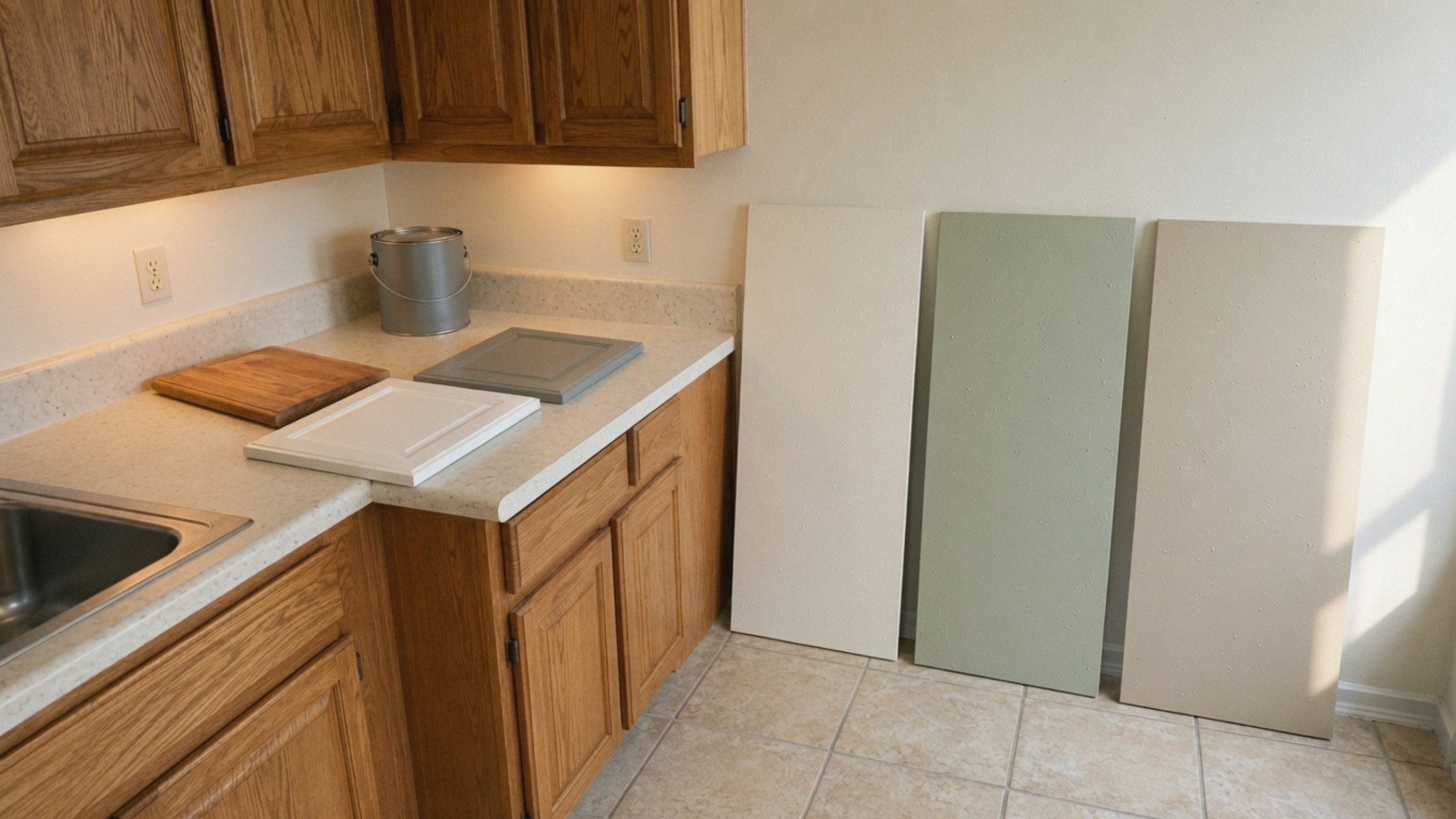 Large paint samples tested beside oak cabinets, cream counters and beige tile.