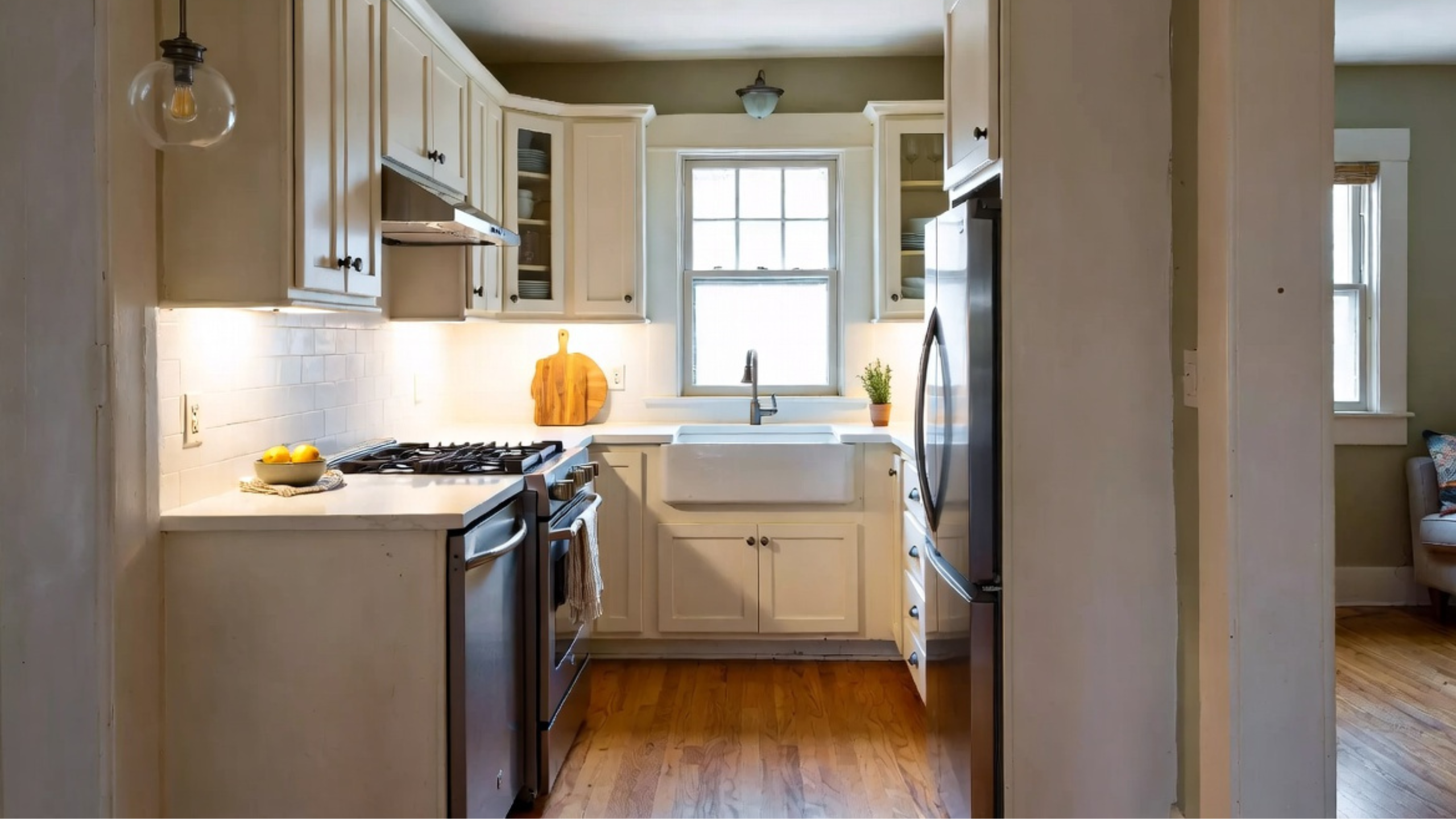 Narrow bungalow kitchen with white cabinets and appliances along both walls.