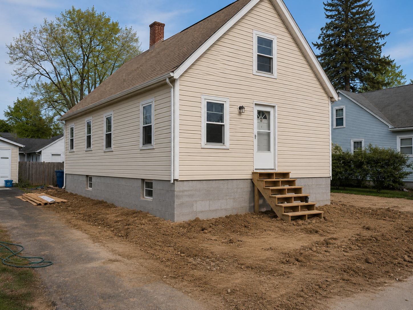 House reset onto a new taller block foundation after raising work.