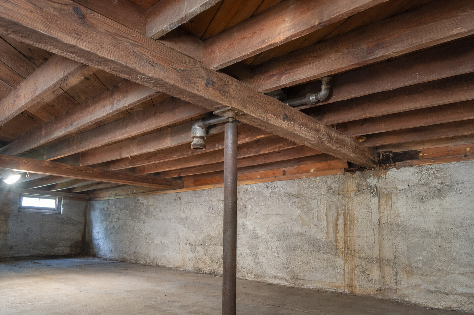 Old house basement with rough-sawn floor joists, timber beam, steel support column and moisture staining.