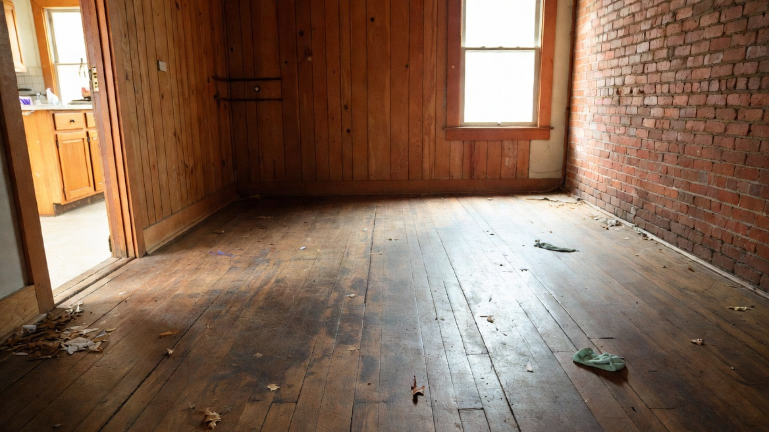Empty old house room with worn plank flooring, wood paneling and an exposed brick wall.