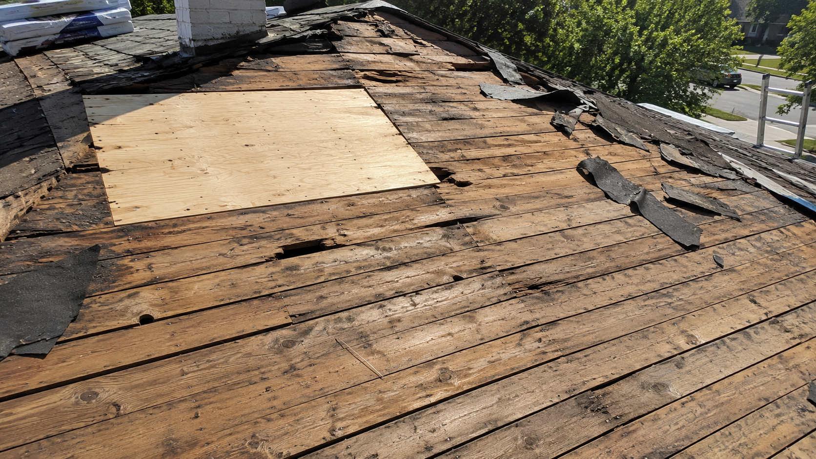 Old roof planking exposed during reroofing with gaps, loose boards, and repair plywood nearby.