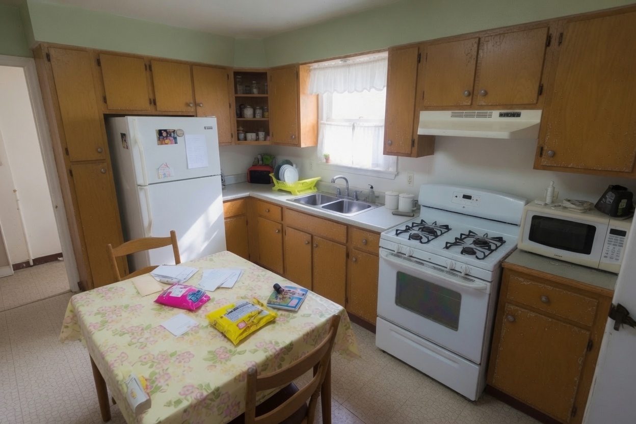 Original kitchen with honey oak cabinets, white appliances, laminate countertops, and a small dining table before remodeling.