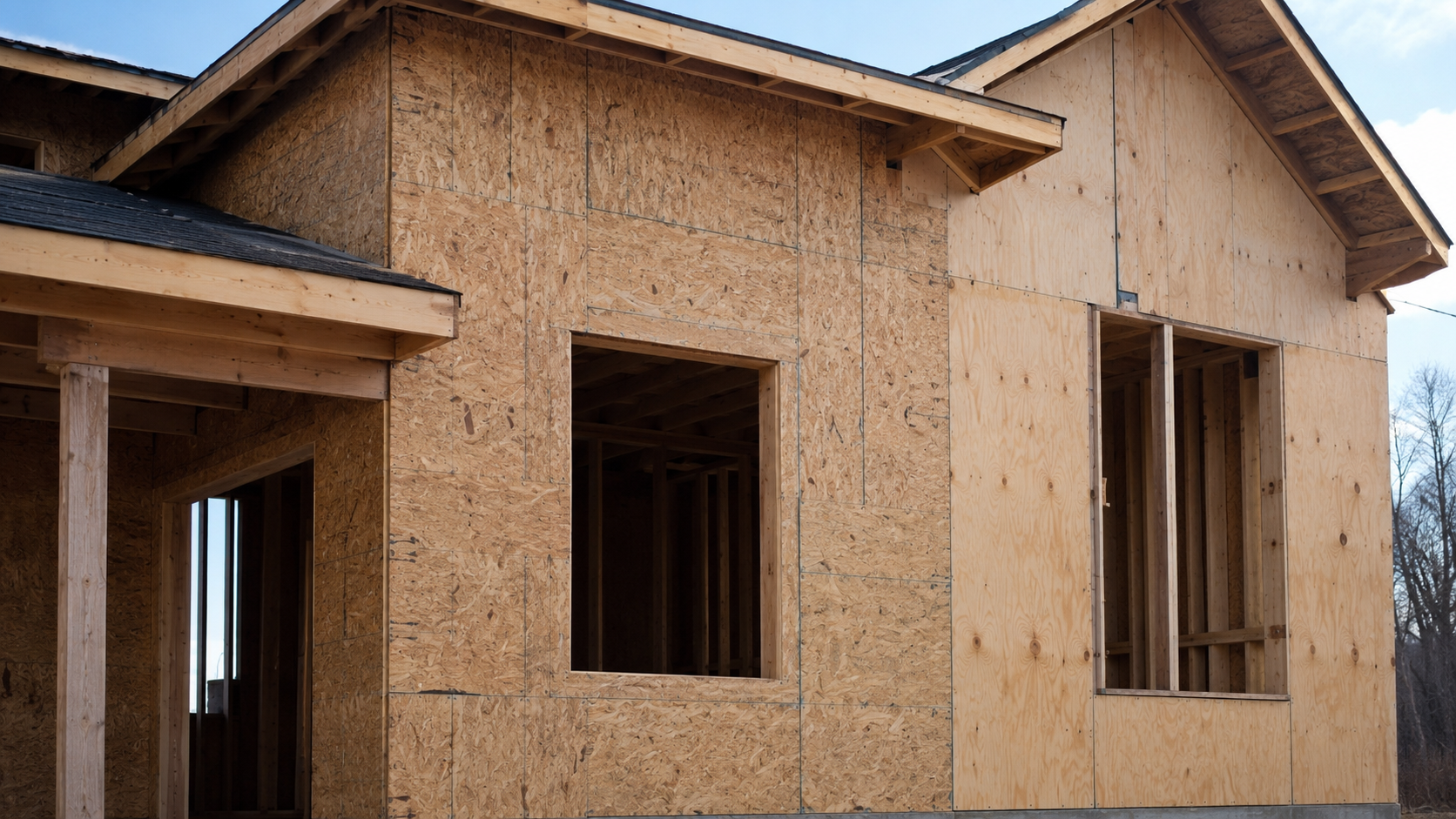 OSB and plywood exterior wall sheathing panels installed around window openings.