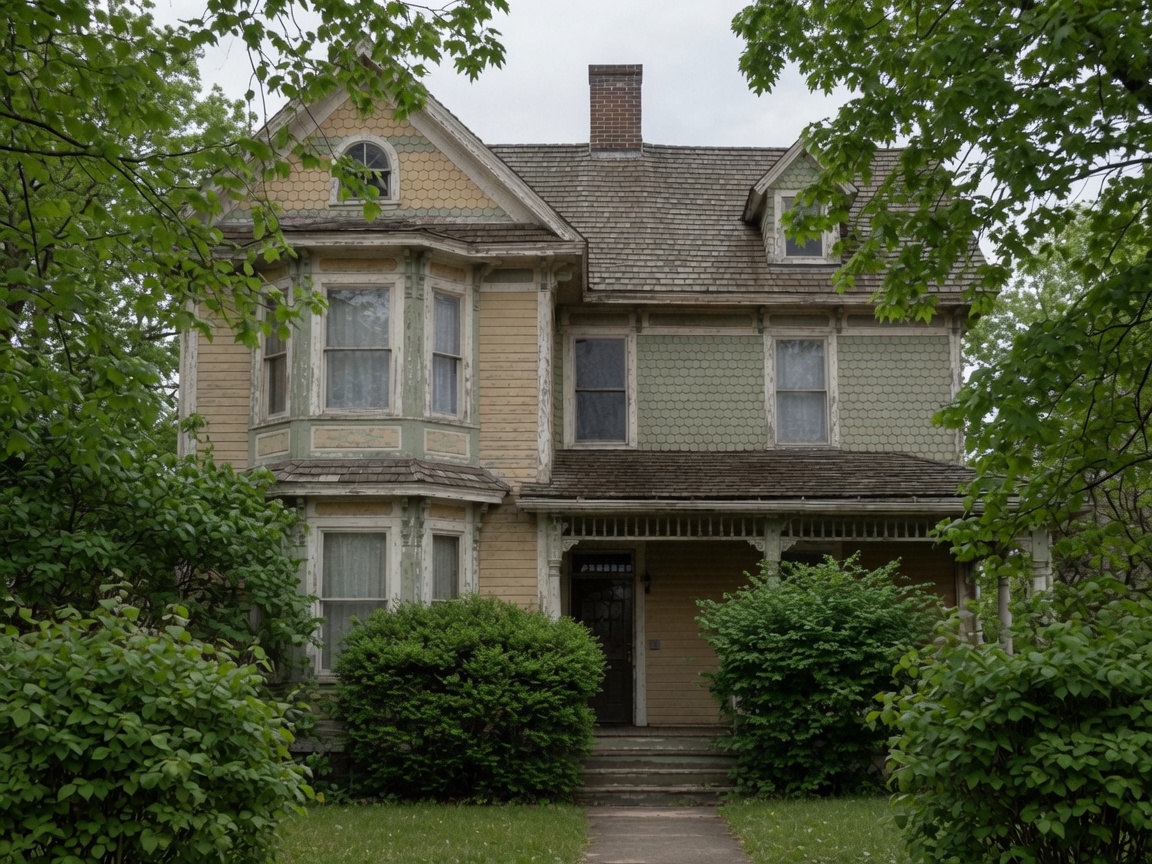 Overgrown shrubs and mature trees partially concealing the exterior of a weathered Victorian house.