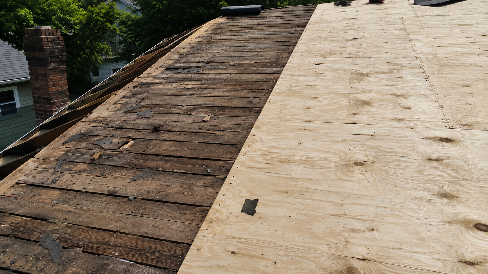 New plywood sheathing installed over old roof planks during a reroof repair.