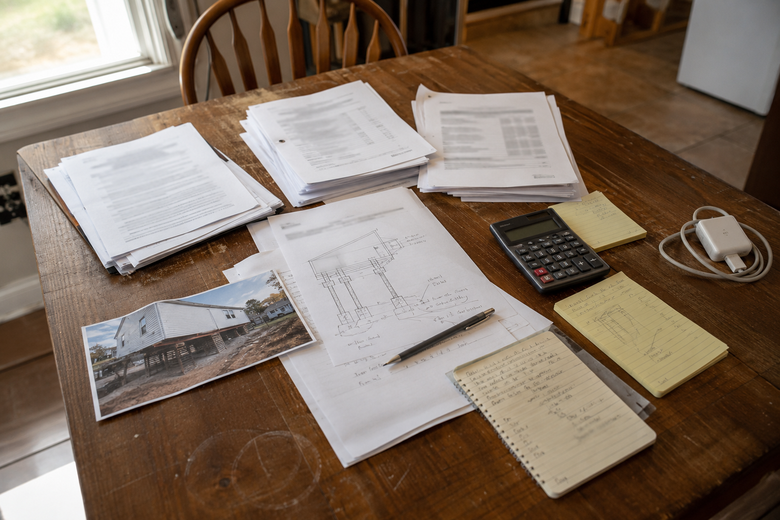 House raising quotes, inspection notes, and foundation sketches on a kitchen table.