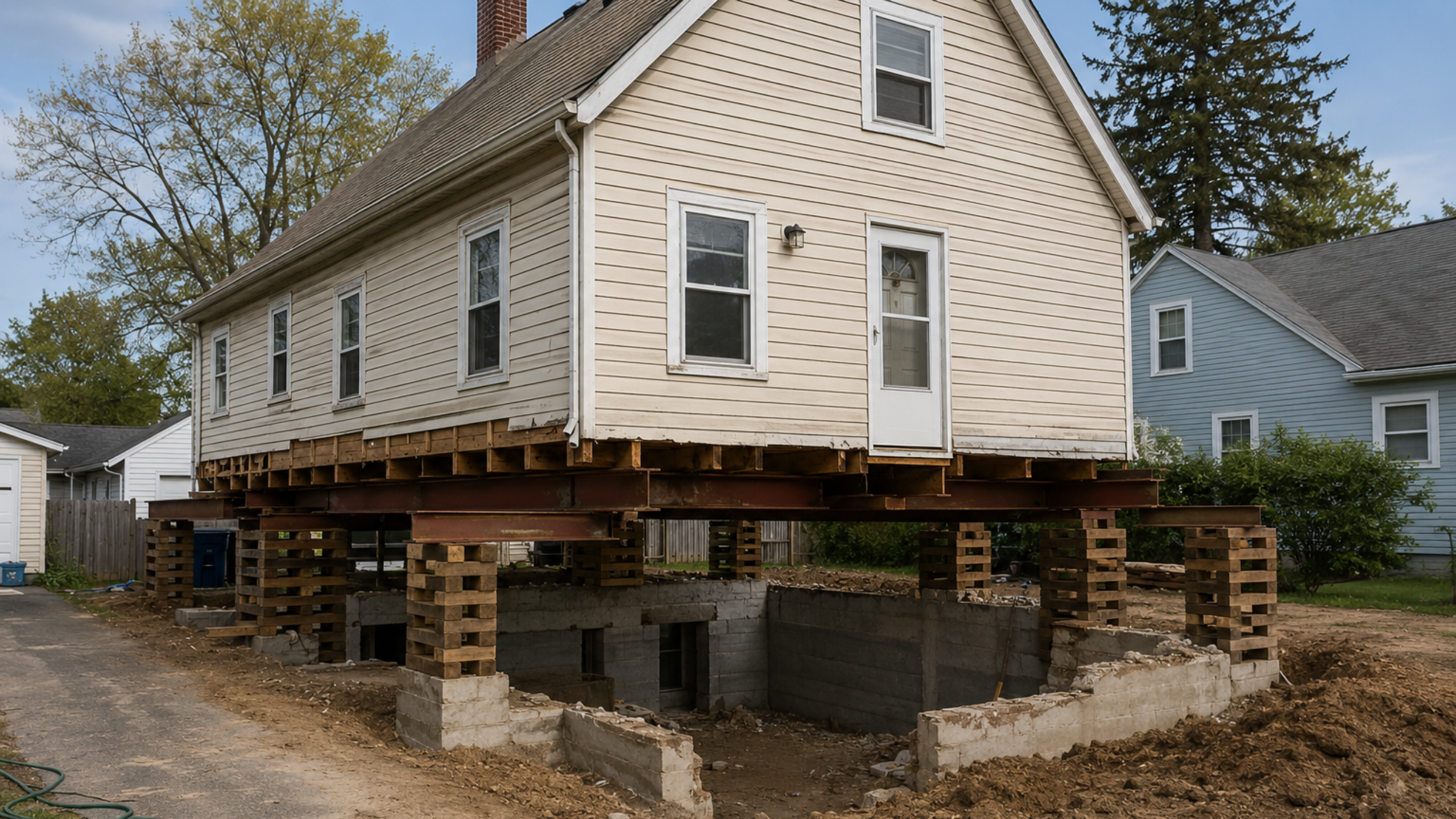 House raised on steel beams and timber cribbing during foundation work.