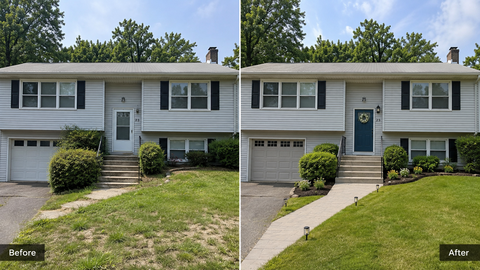 Before and after raised ranch curb appeal update with painted door, cleaner walkway, and trimmed shrubs.