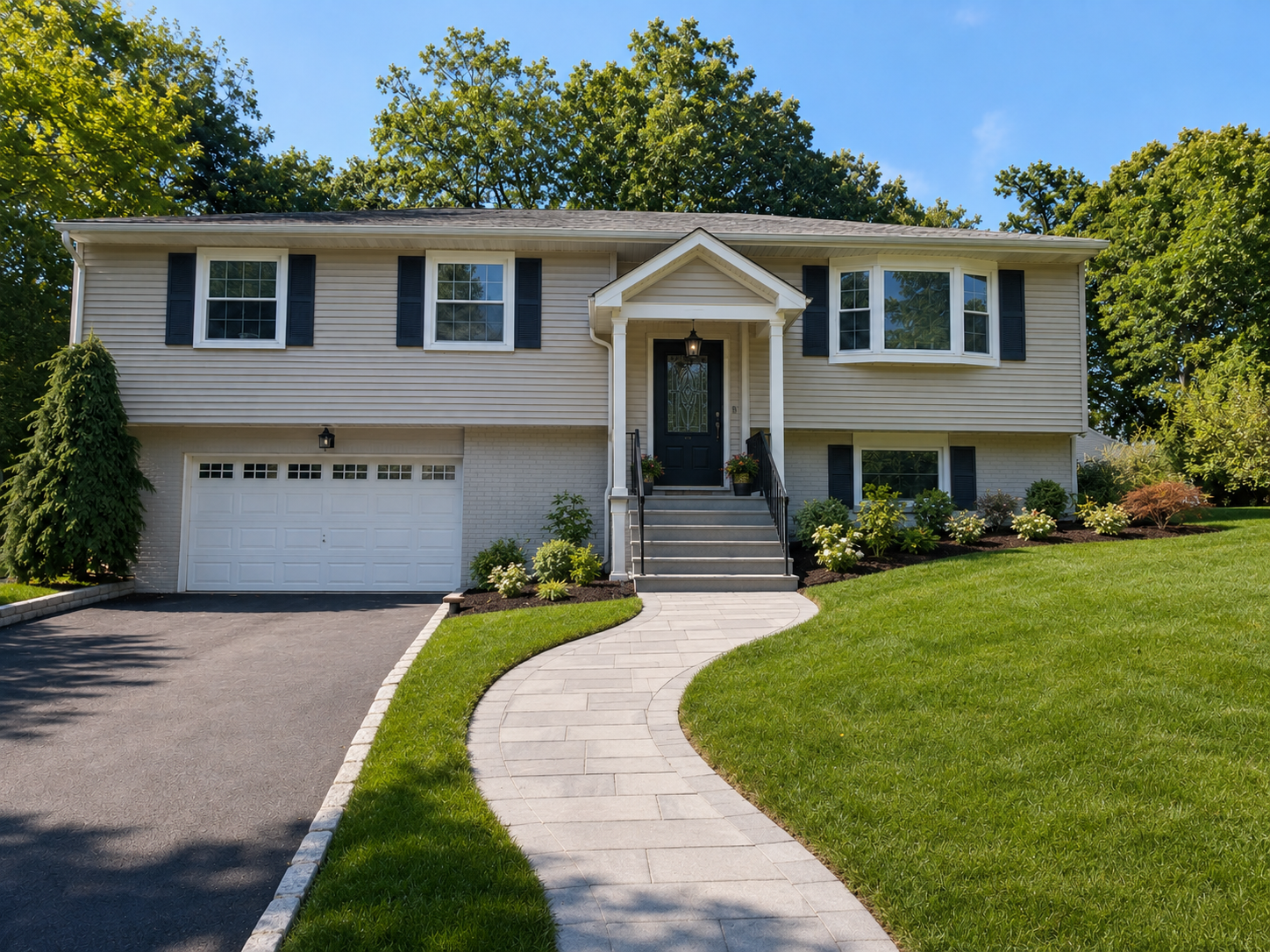 Raised ranch exterior after remodel with covered entry, curved walkway, and updated landscaping.