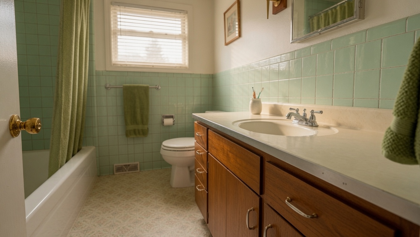 Original ranch bathroom with mint tile and a slab-front wood vanity.