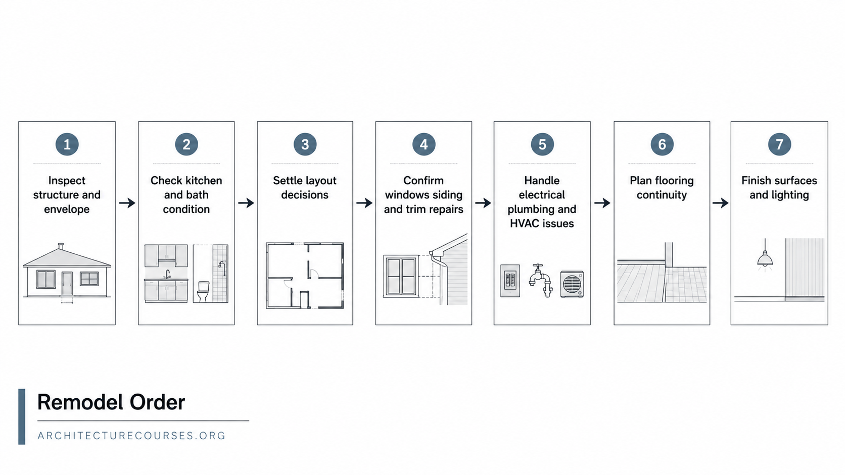 Diagram showing the recommended remodel order for a 1980s ranch house.