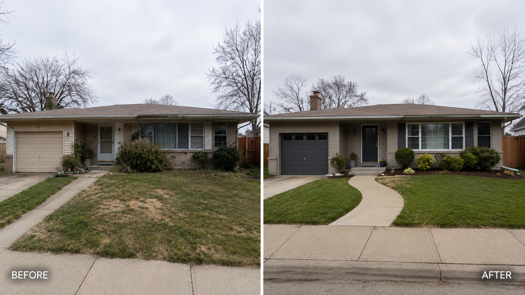 Ranch house before and after garage, entry, walkway, and landscaping updates.
