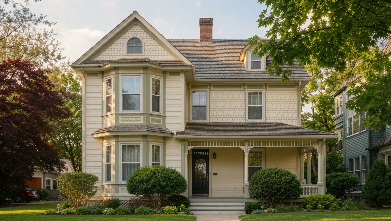 Renovated Queen Anne house with restored exterior trim and neatly maintained front landscaping.