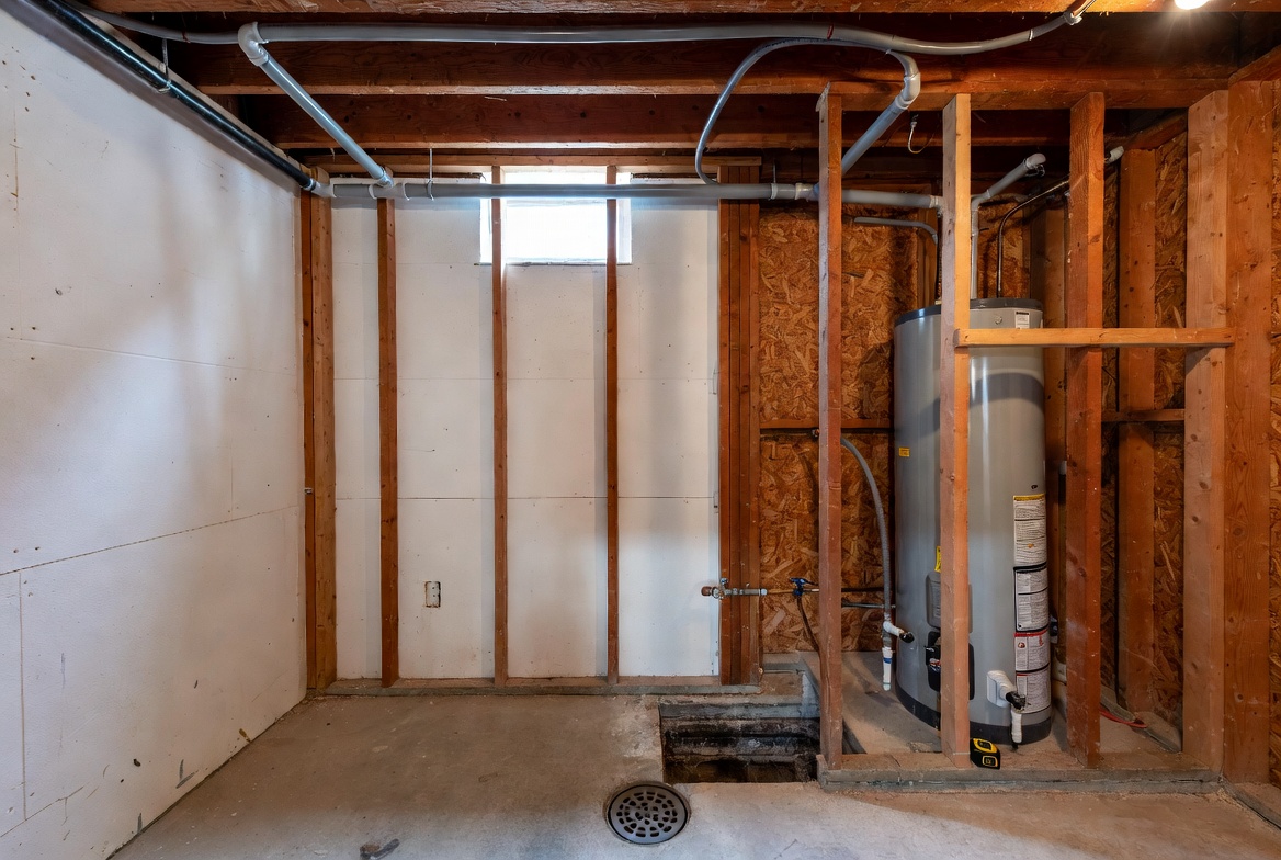 Unfinished utility room with exposed plumbing and water heater in an older house.