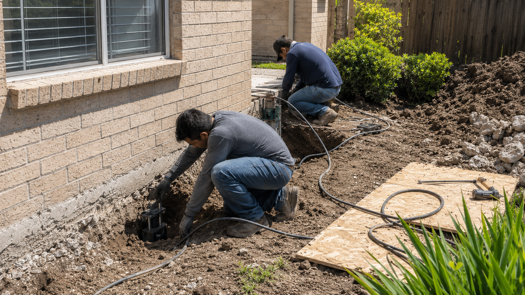 Workers installing piers beside a residential slab foundation.