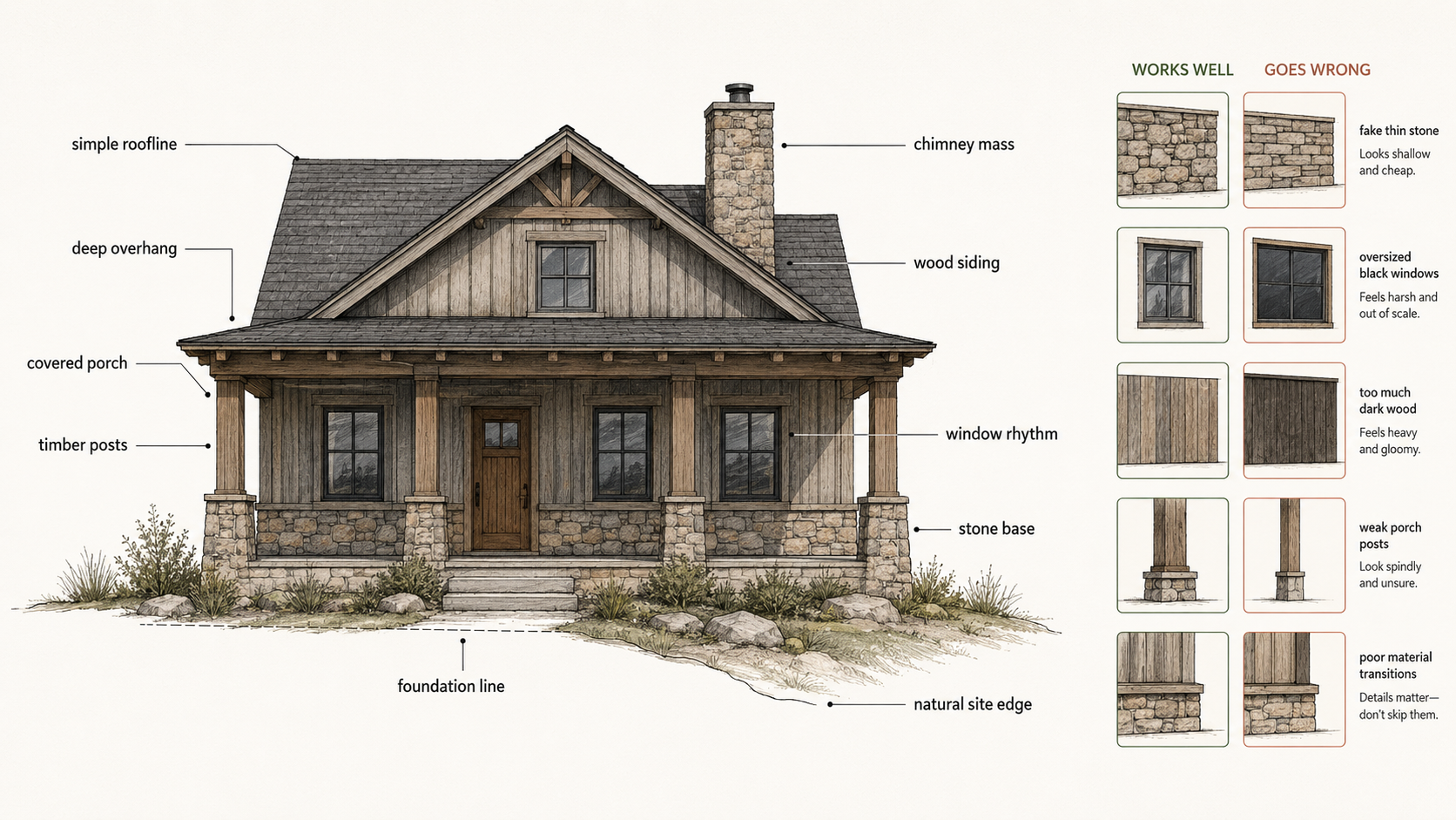 Diagram showing rustic house features including roofline, porch, wood siding, stone base, windows, and site.