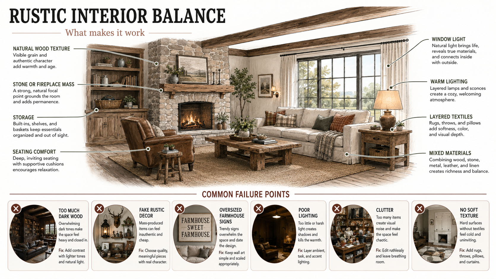 Diagram showing what makes a rustic interior work, including wood texture, fireplace mass, lighting, textiles, storage, and common mistakes.
