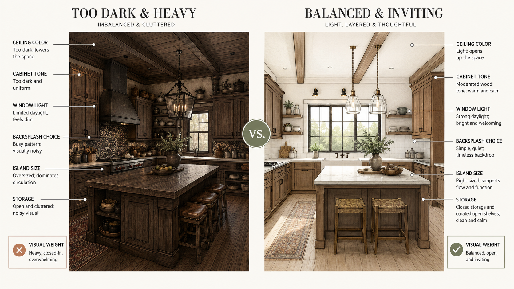 Dark overloaded rustic kitchen compared with a balanced rustic kitchen using more light and cleaner storage.