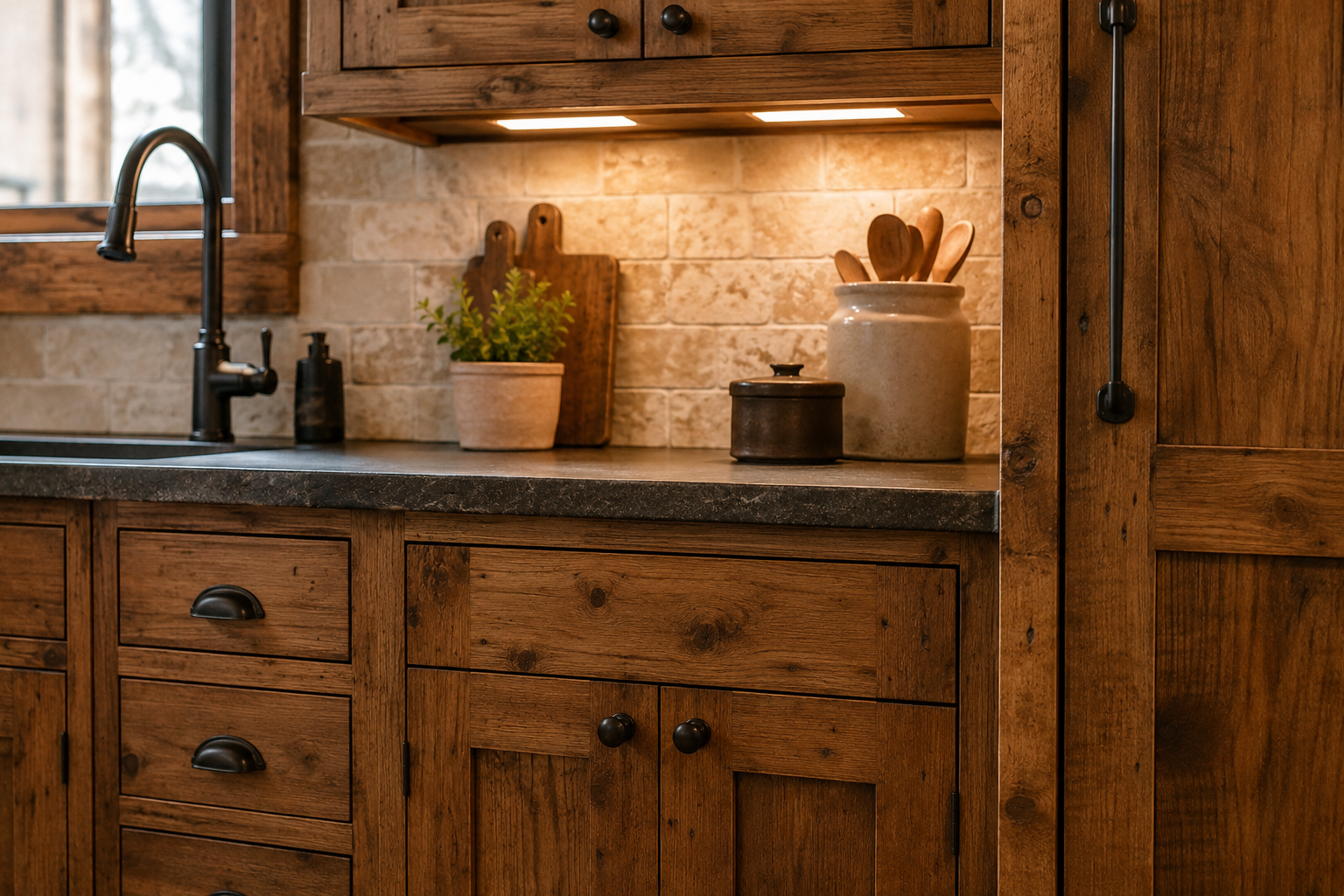 Close-up of rustic kitchen cabinet detail with wood grain, hardware, countertop edge, backsplash, and warm lighting.