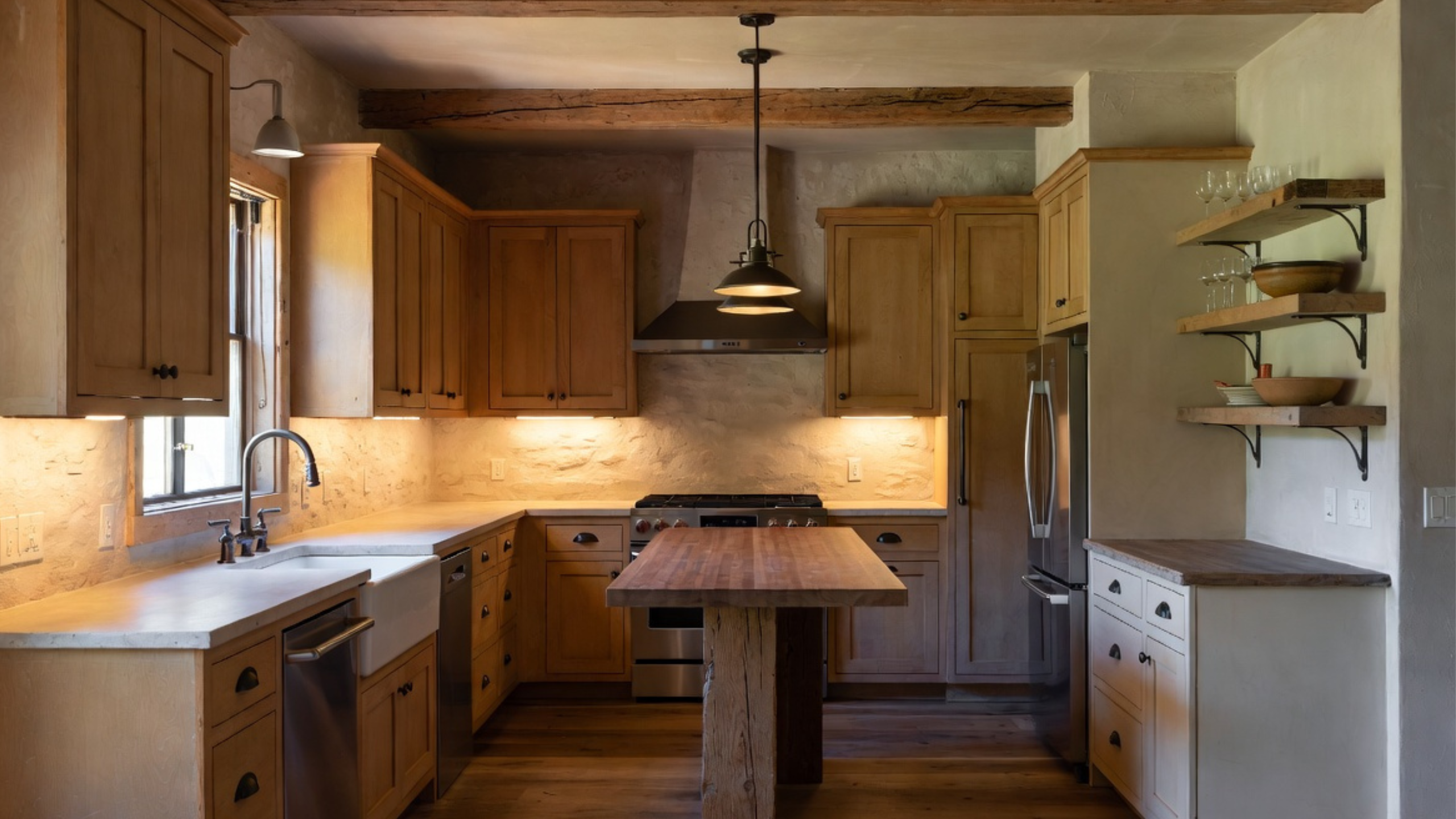 Rustic kitchen with wood cabinets, island, farmhouse sink, open shelves, and task lighting.