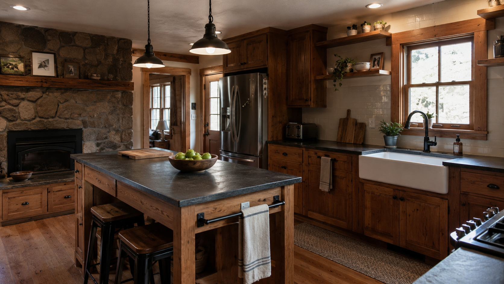 Rustic kitchen remodel with wood cabinets, island, farmhouse sink, stone fireplace, and warm lighting.