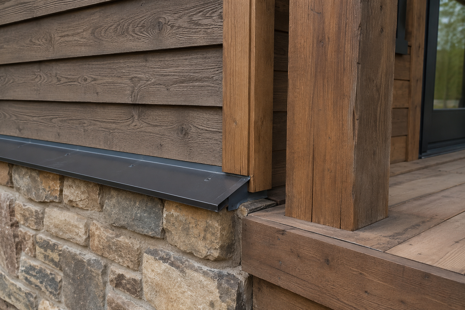 Close view of rustic house materials with wood siding, stone, porch post, and metal flashing.