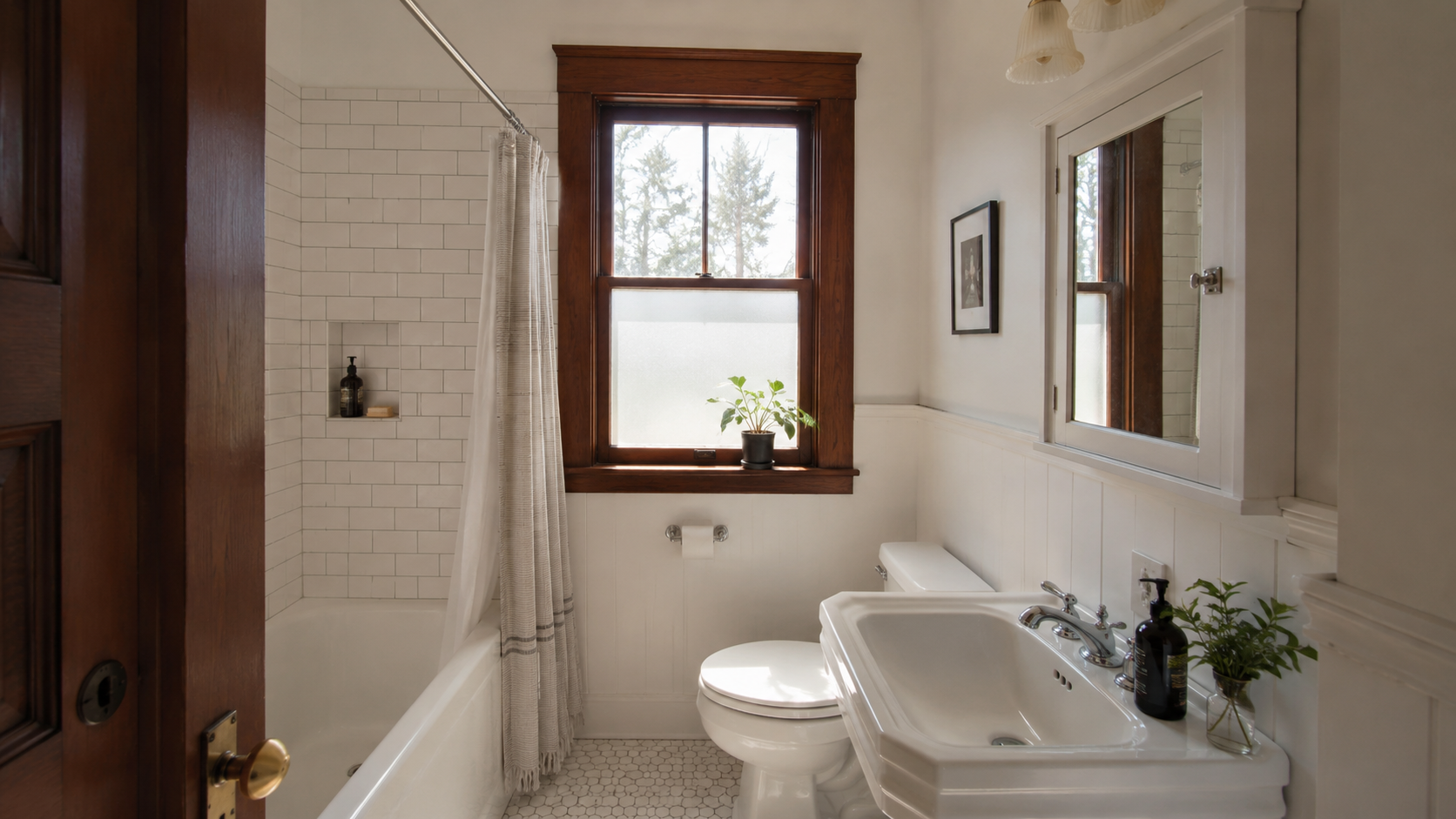 Small Craftsman bathroom with simple tile, wood trim, and natural light.
