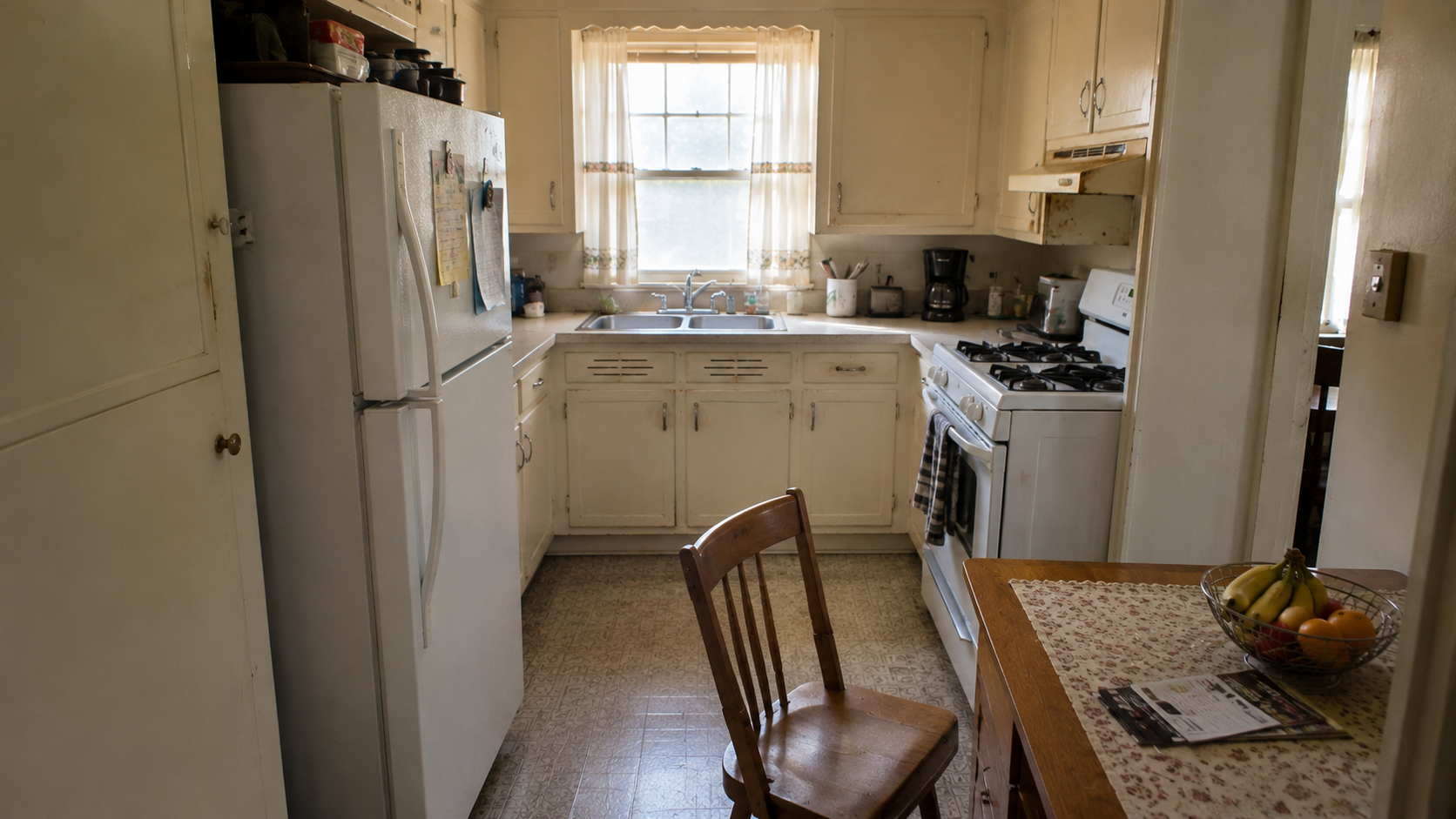 Small 1950s kitchen with narrow circulation between dining table, cabinets, refrigerator, and stove.