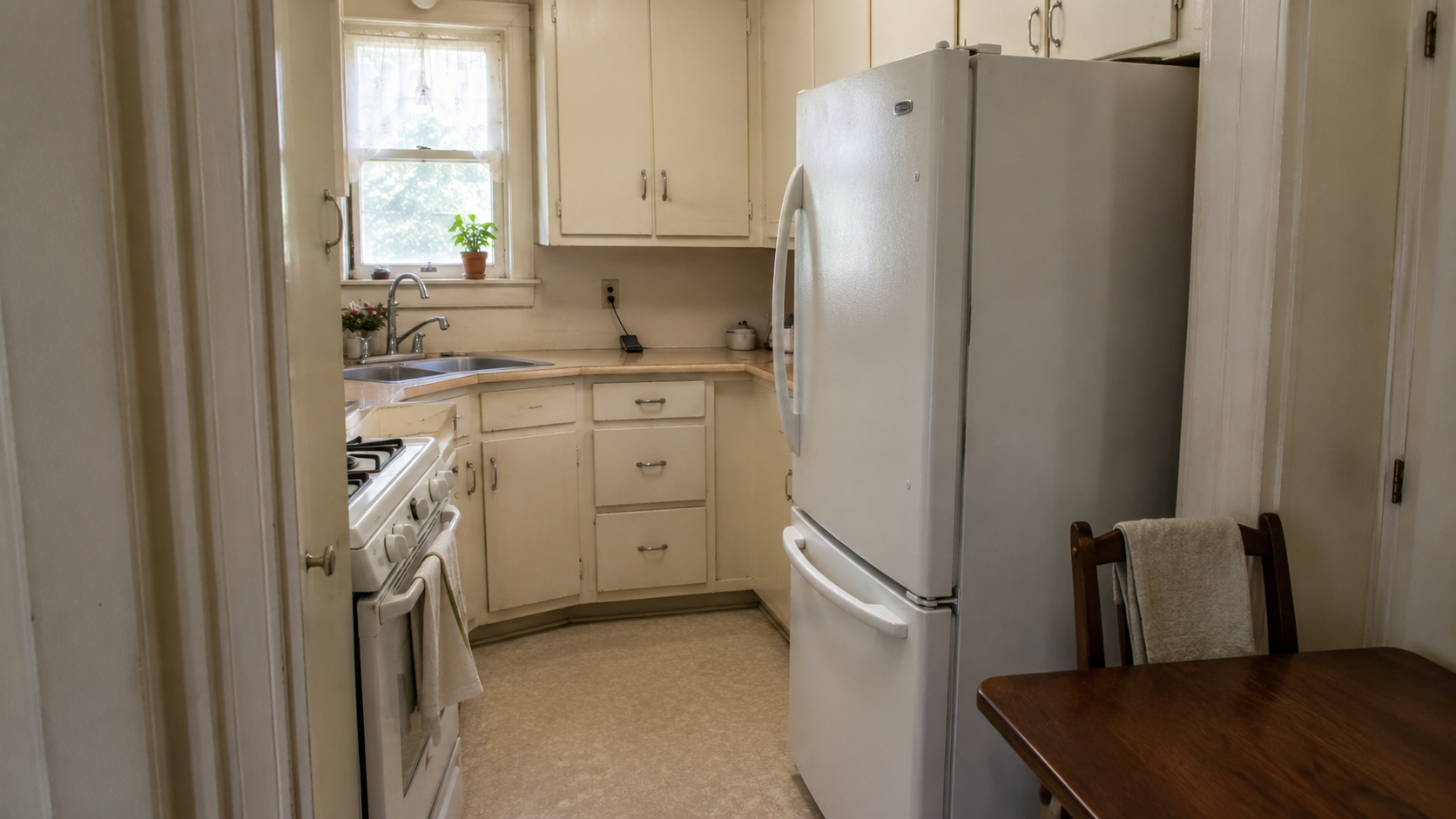 Small 1950s kitchen with modern refrigerator crowding the aisle and dining area.