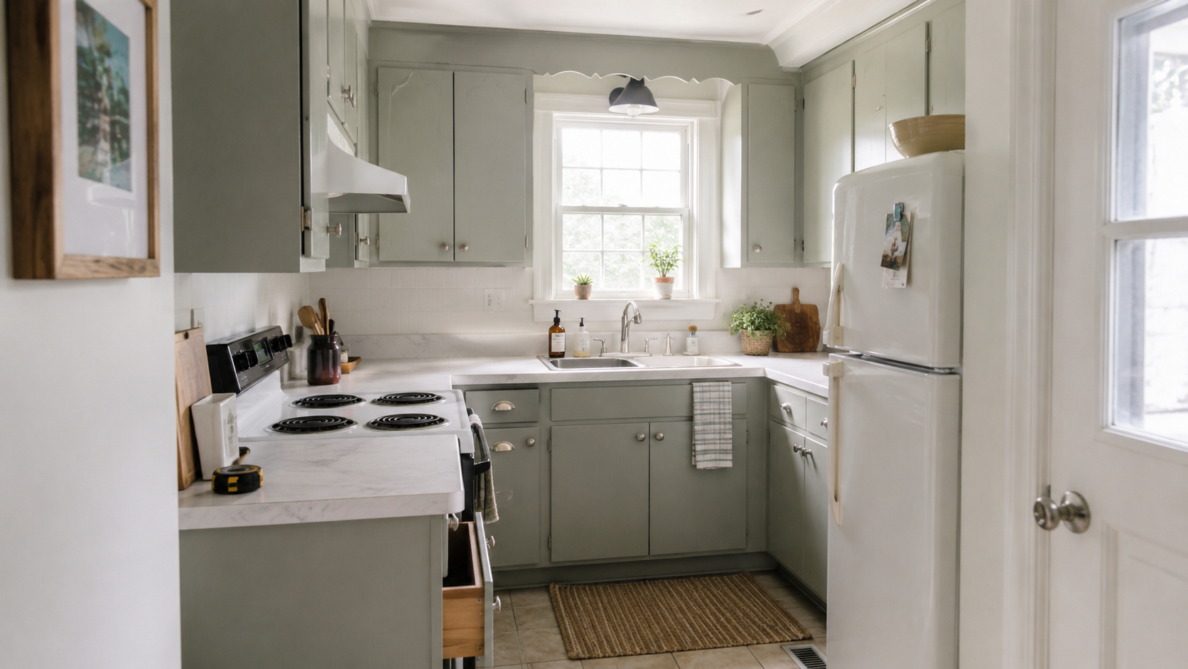 Small 1950s kitchen remodel with kept layout, better lighting, compact appliances, and improved 