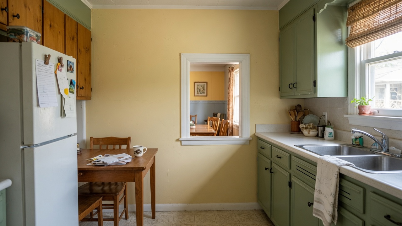 Small 1950s kitchen remodel with controlled wall opening between kitchen and dining area.