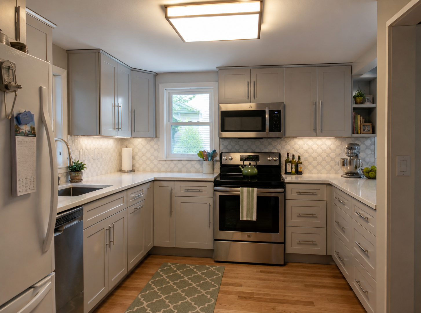Small remodeled kitchen with gray cabinets, sink window, stainless appliances, and compact U-shaped layout.