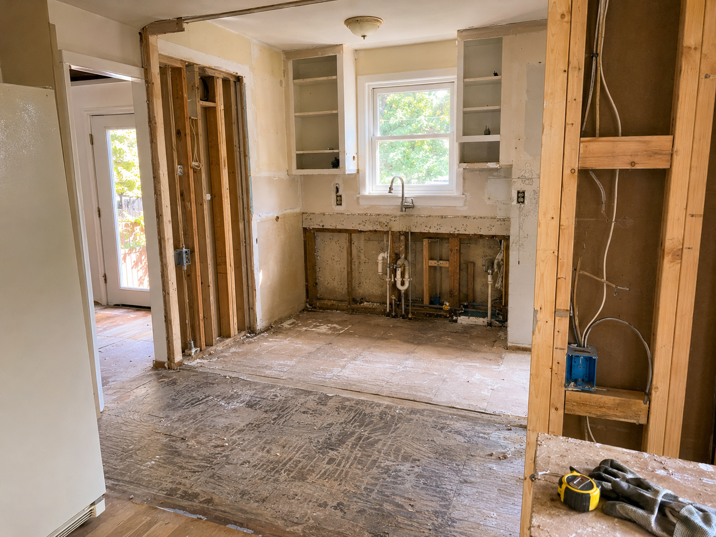 Small Cape kitchen during remodel showing exposed framing, plumbing, wiring, and layout constraints.