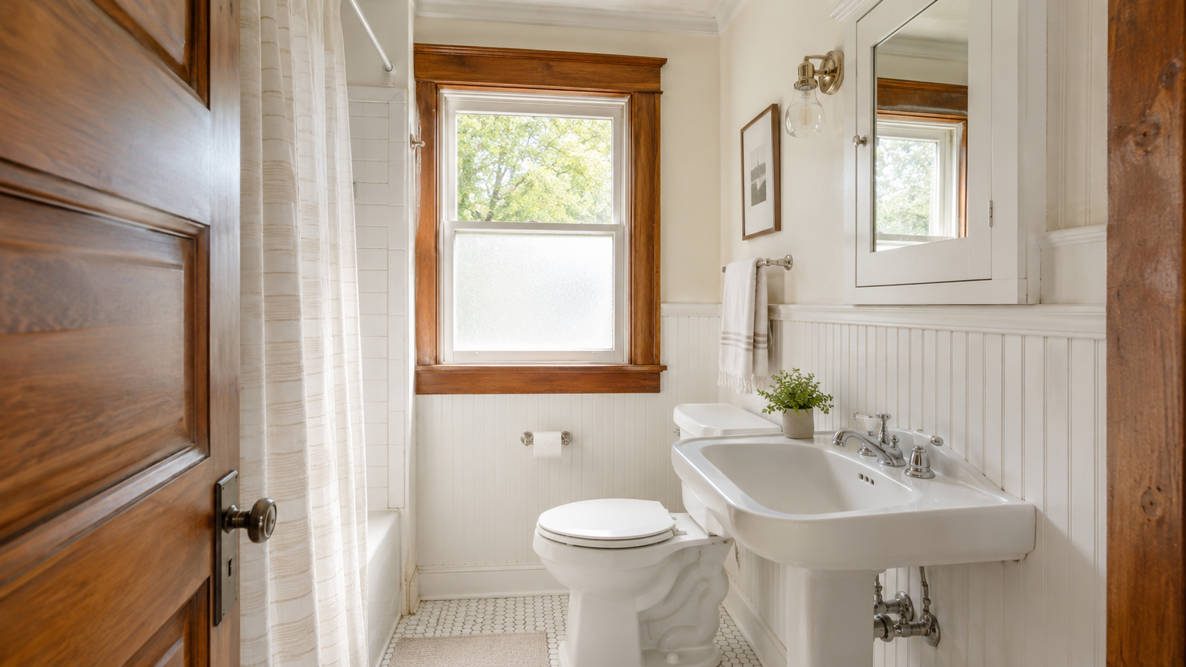 Small Craftsman bathroom remodel with simple tile, old-house trim, and natural light.