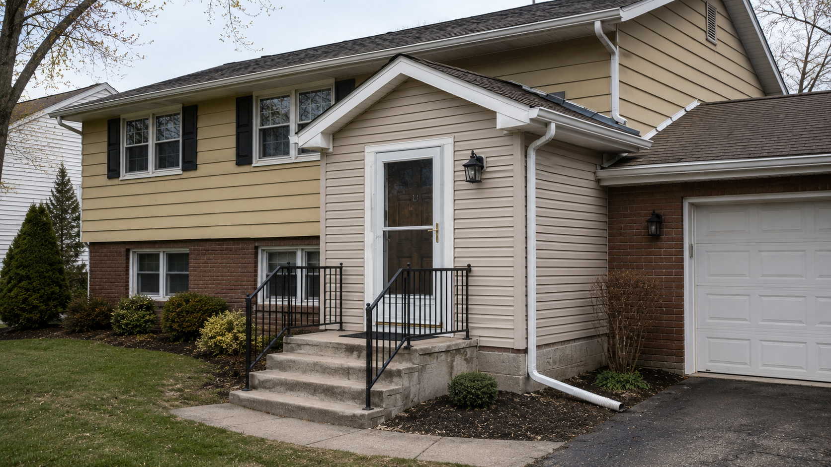 Modest split-level house with a small front entry addition, concrete steps, visible roof flashing, gutters, and extended drainage.