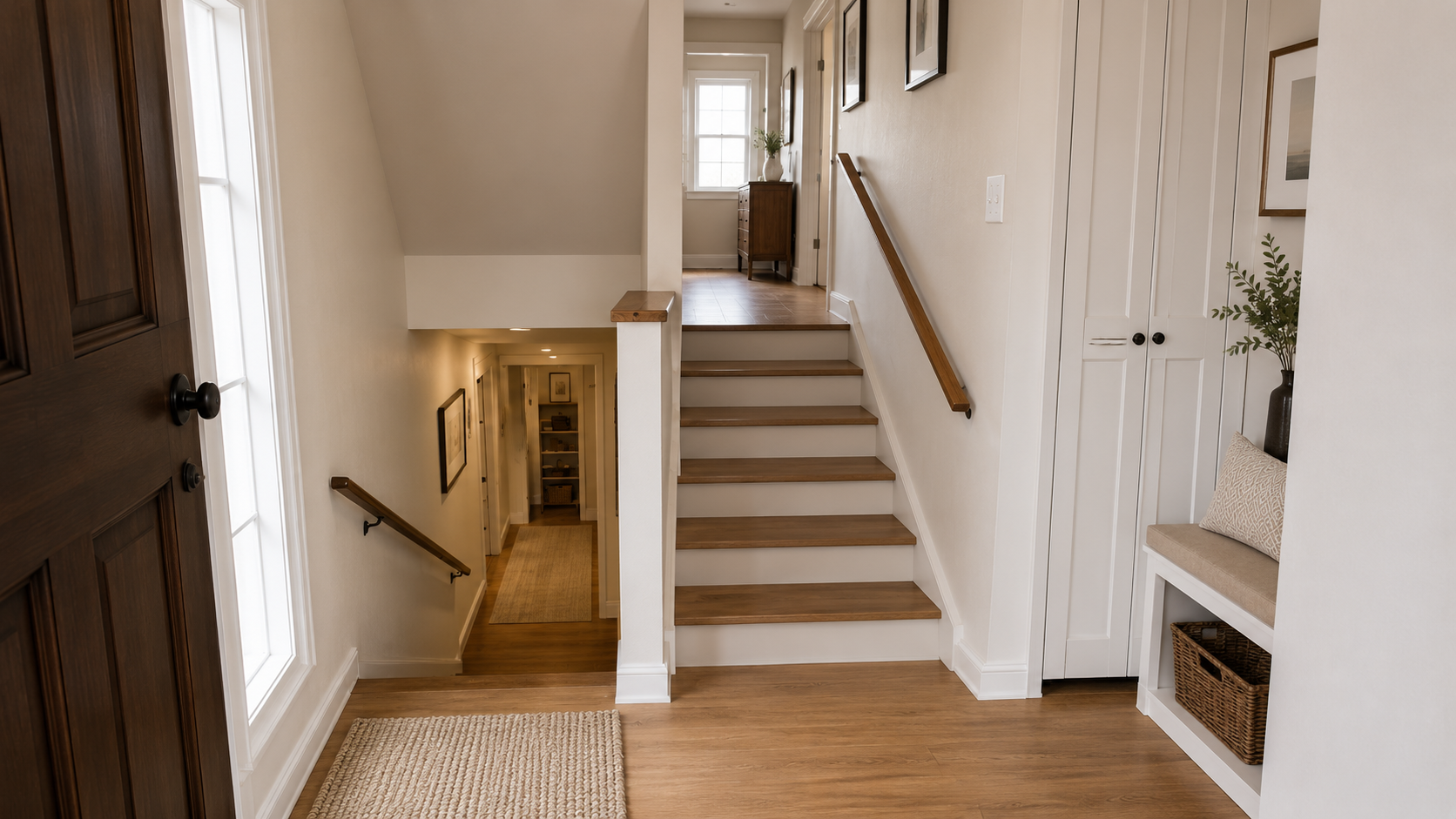 Remodeled split-level entry with updated wood stairs, improved storage, and a brighter landing.