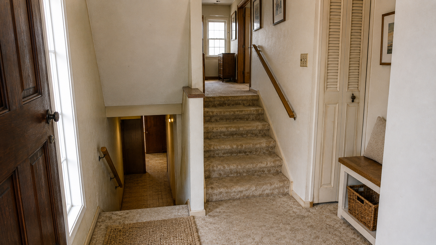 Dated split-level entry with worn carpet, narrow landing, upper stairs ahead, and basement stairs descending to the left.
