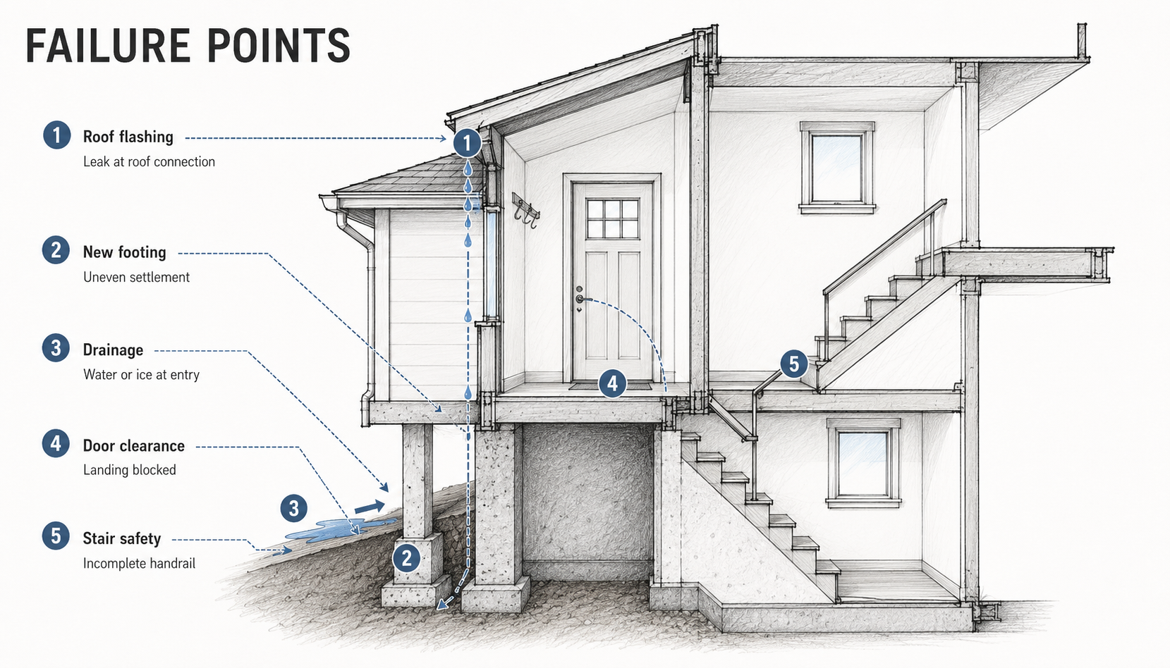 Architectural cutaway showing roof flashing, footing settlement, drainage, door-clearance, and stair-safety risks in a split-level entry addition.