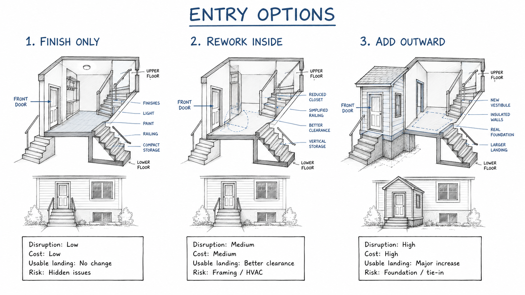 Sketch diagram comparing finish-only, interior rework, and outward-addition options for a split-level entry remodel.